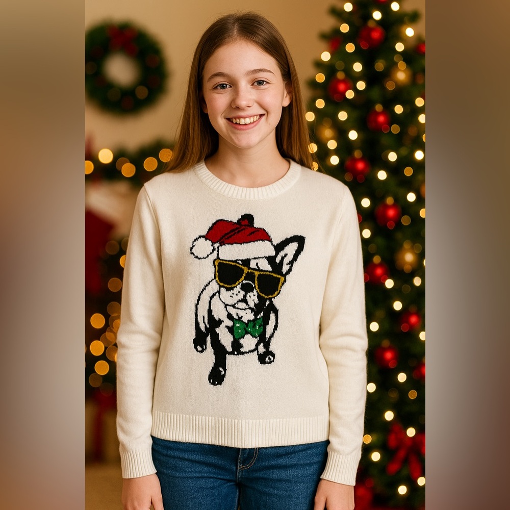 Verve Ami Ivory French Bulldog Christmas Sweater Santa Hat Sunglasses Size L Jrs